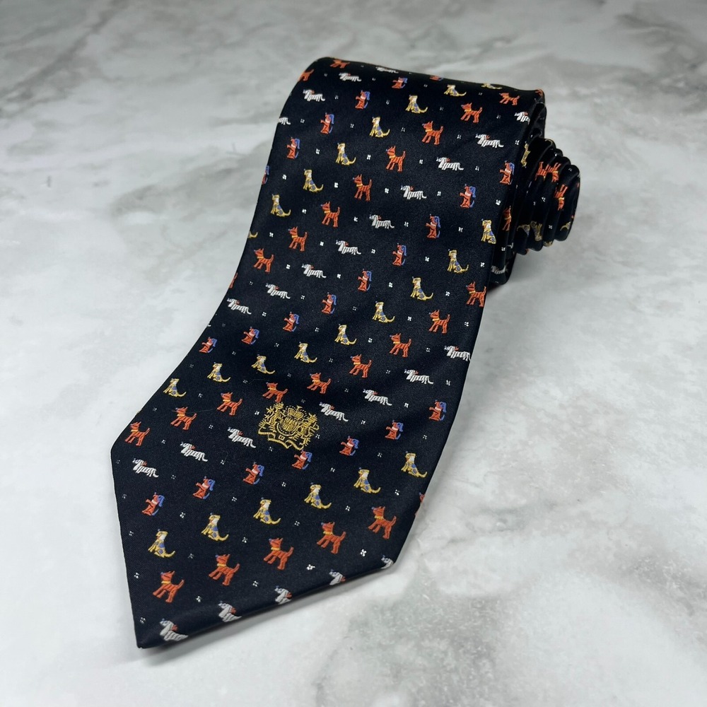 Elegance Paris Silk Men's Necktie Geometric All Over‎ Dog Print Crest Black